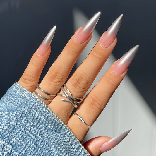 Celebrity Status Long Stiletto Silver Bold Press On Nails
