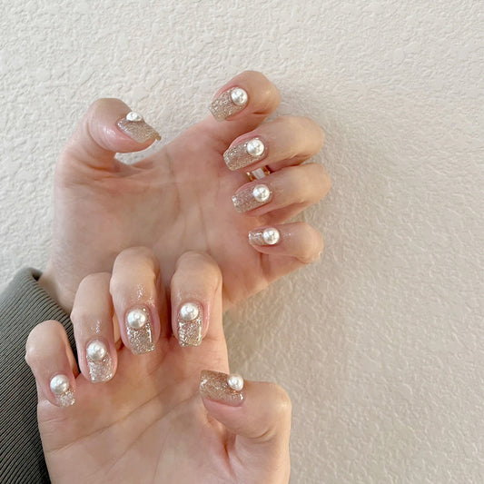 Hit The Jackpot Medium Square Gold Pearls Press On Nails