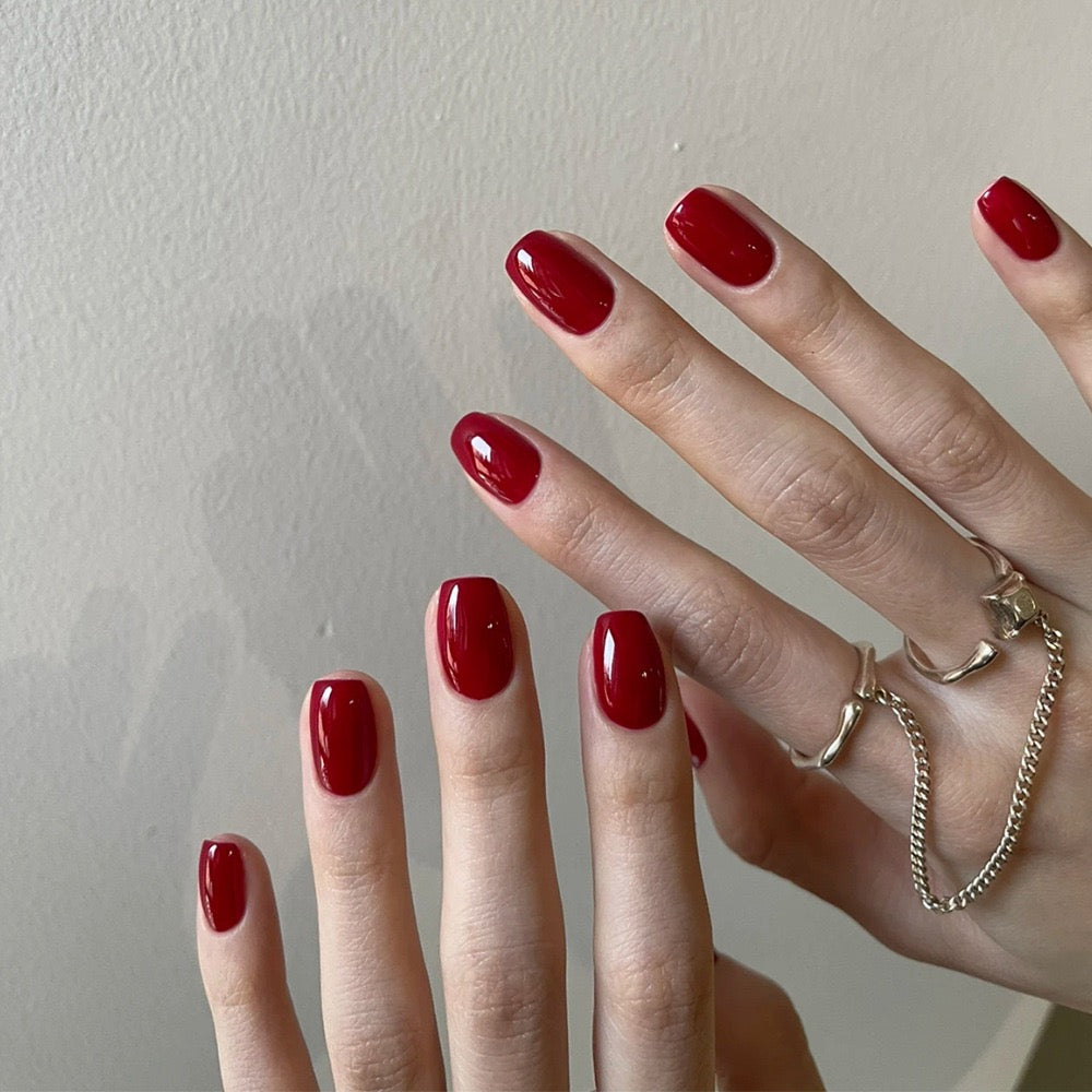 No Pity Short Square Red Glossy Press On Nails