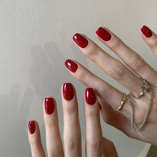 No Pity Short Square Red Glossy Press On Nails