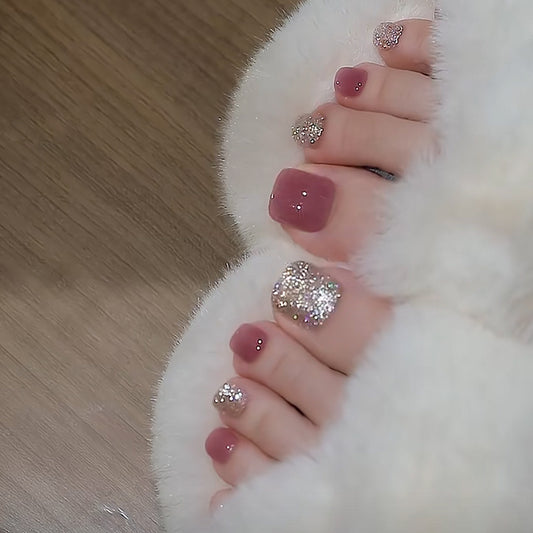 Luxe Short Squoval Press On Toenails Set in Dusty Rose with Glitter Accents