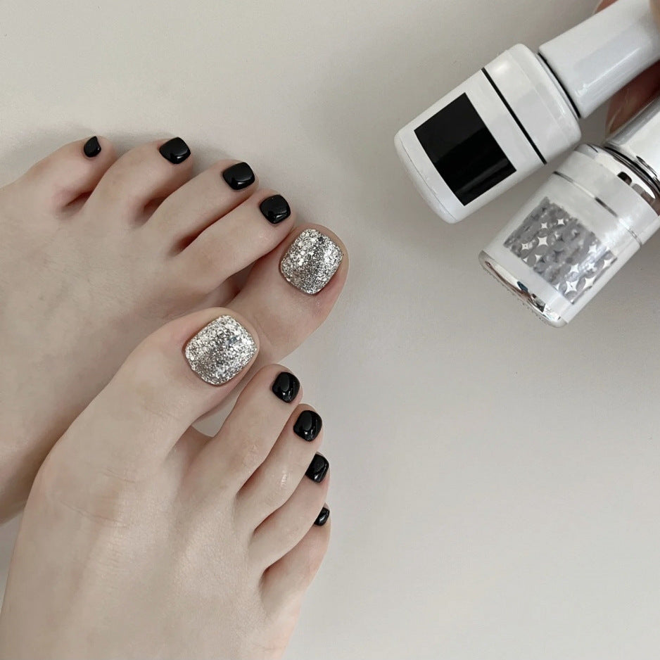 Running Glitter Silver Press On Toenails