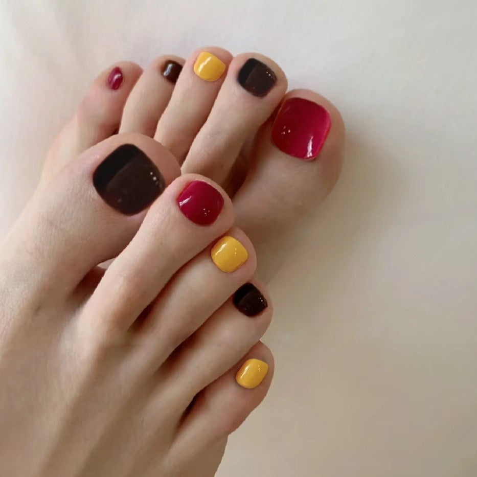 Autumn Splendor Short Square Press-On Toenails in Deep Red Yellow and Brown Tones with Glossy Finish