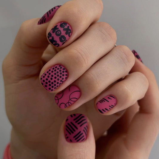 Doodling Around Town Short Round Pink Abstract Press On Nails