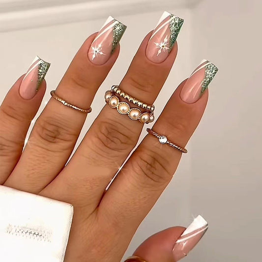 Enchanted Evening Long Square Beige Press-On Nails with Glitter Tips and Star Accents