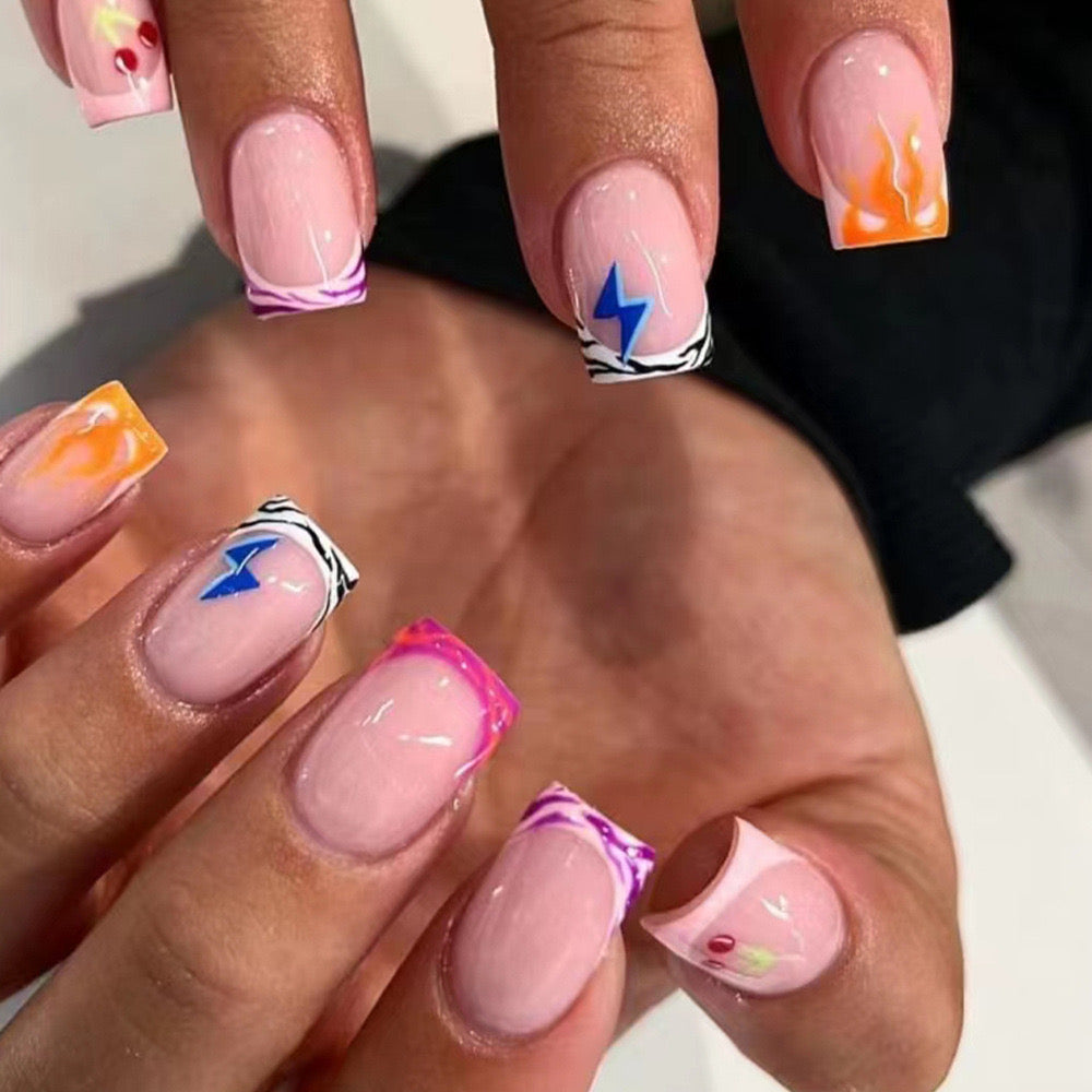 Electric Charm Medium Square Press-On Nails with Pink Hues and Bold Lightning Accents