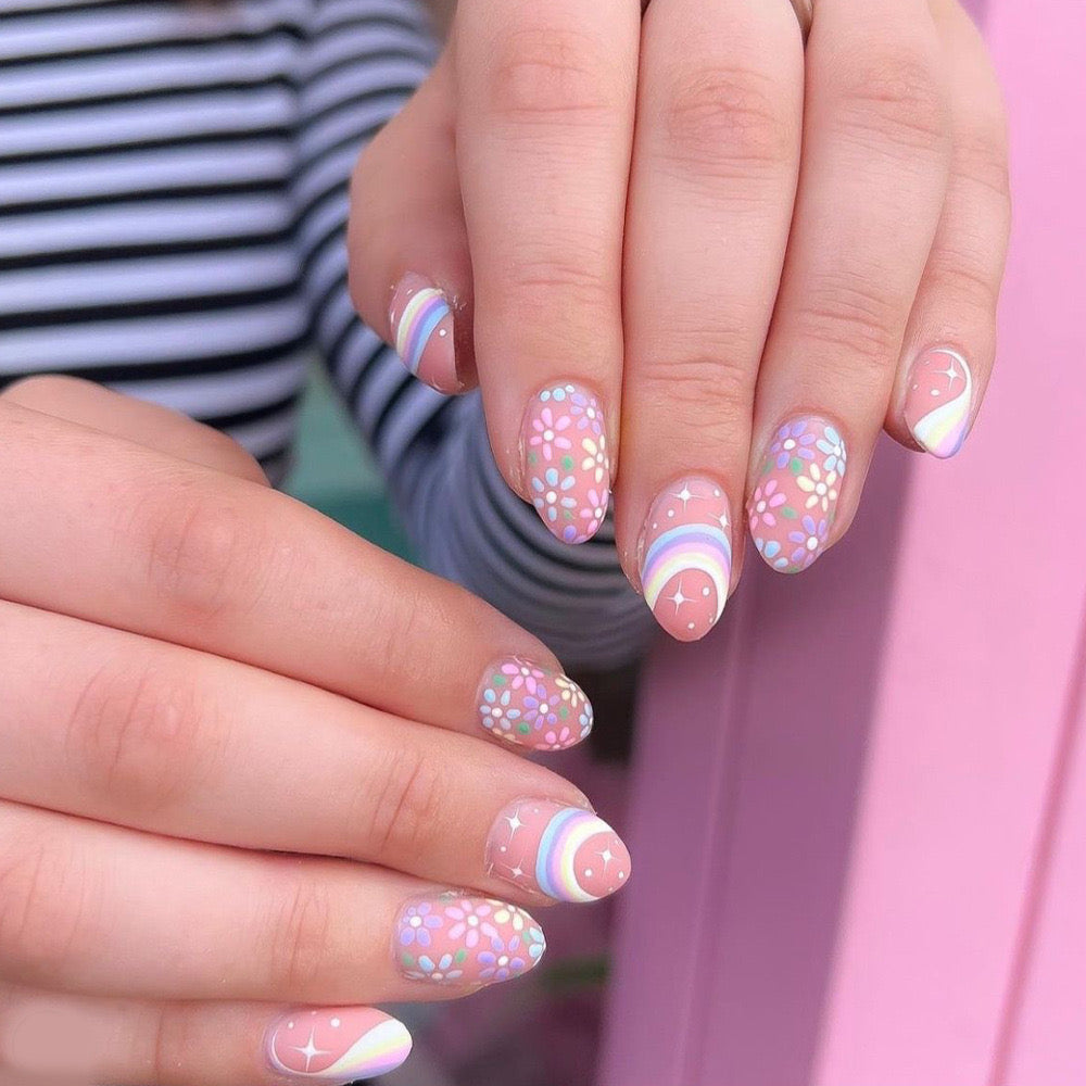 Whimsical Wonderland Short Almond Pastel Press-On Nails with Rainbow and Polka Dot Accents