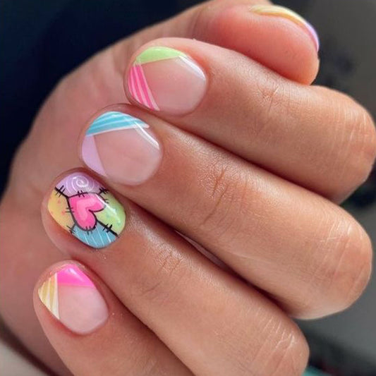 Pastel Romance Short Squoval Press-On Nails with Gradient Hearts and Subtle Stripes