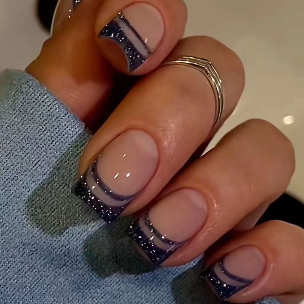 Midnight Sparkle Medium Square Press-On Nails with Sheer Base, Navy Glitter Tips, and Striped Detailing