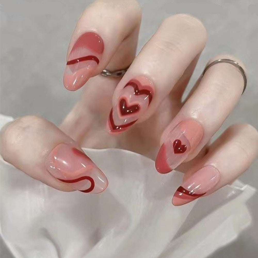 Romantic Rendezvous Medium Almond Maroon Swirl Accent Press-On Nail Set with Heart Details
