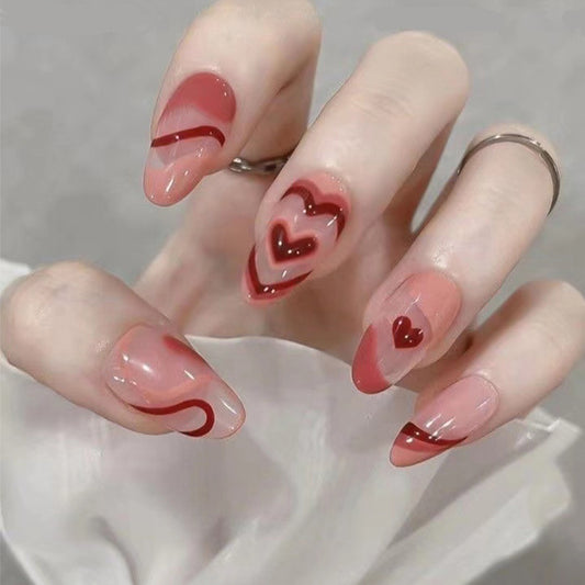 Romantic Rendezvous Medium Almond Maroon Swirl Accent Press-On Nail Set with Heart Details