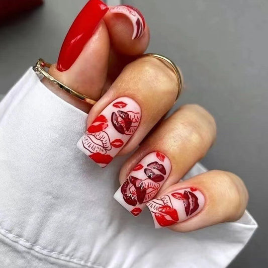 Passionate Kisses Medium Square Red and White Press-On Nail Set with Lip Print Design