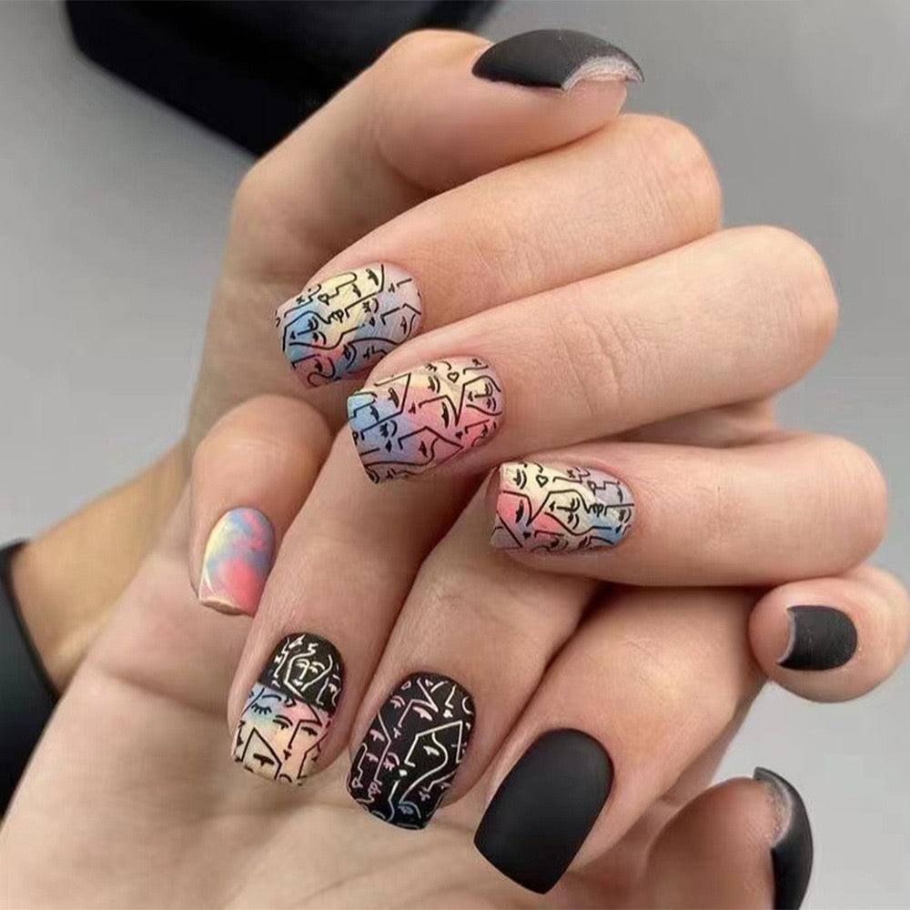 Urban Chic Medium Square Multicolor Graffiti Press-On Nails with Matte Black Accent