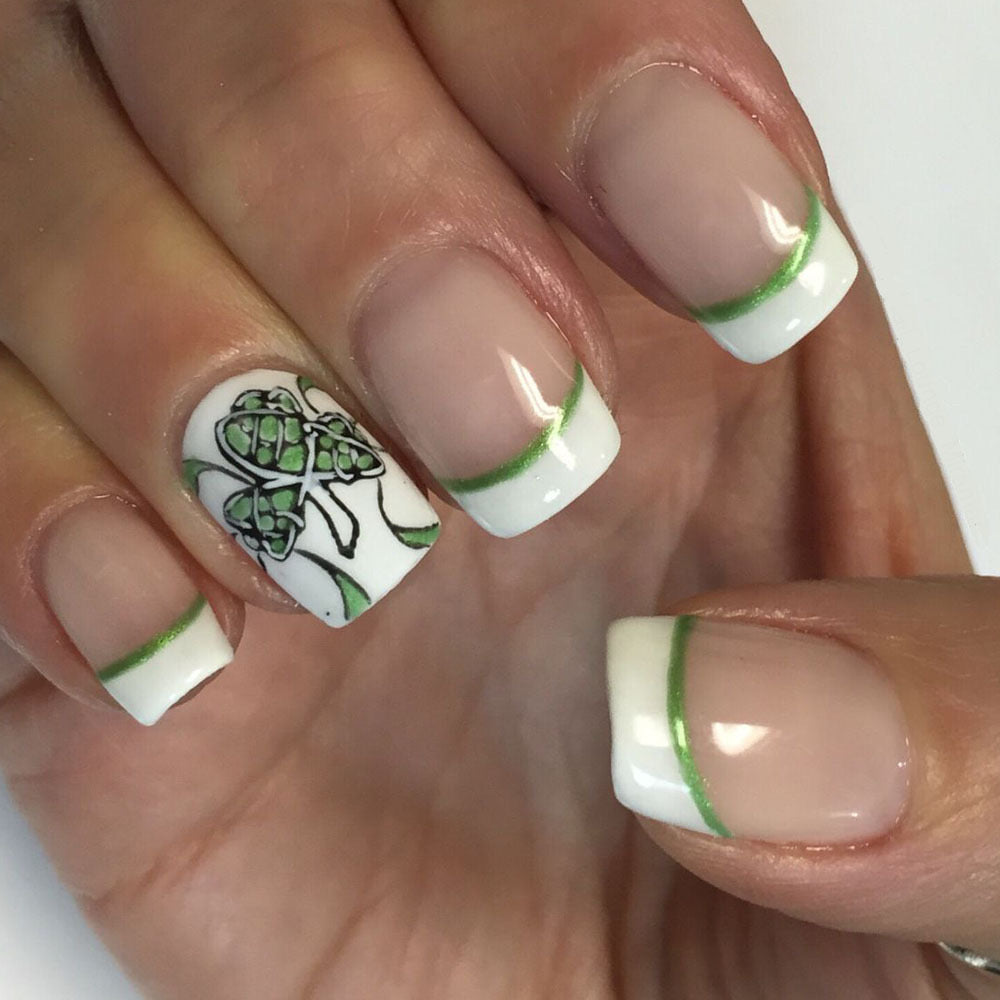 Emerald Elegance Medium Square French Tip Press-On Nails with Shamrock Design