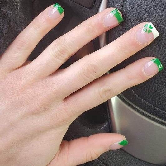 Lucky Charm Short Square Green Tip Press-On Nails with Clover Accent