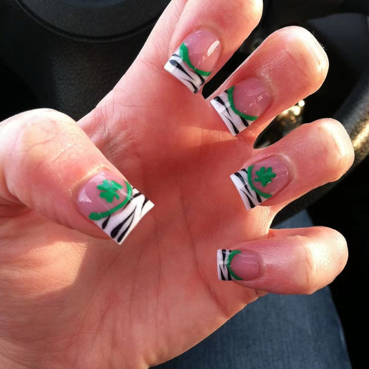 Celtic Charm Medium Square White Press-On Nails with Green Clover and Stripes Design