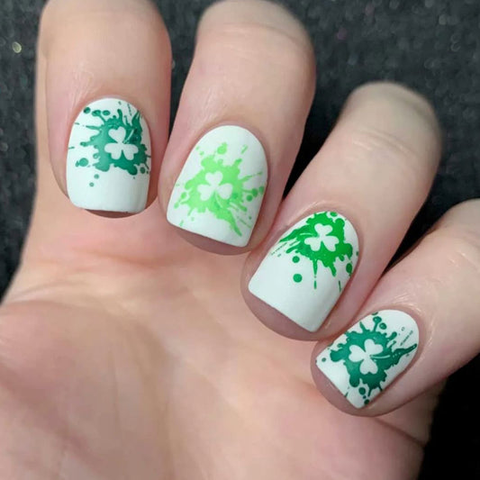Lucky Charm Short Square White Press-On Nails with Green Watercolor Clover Design