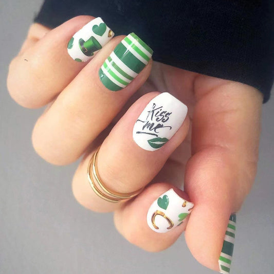 Lucky Charm Short Square White and Green Press-On Nails with Stripes and Shamrock Details