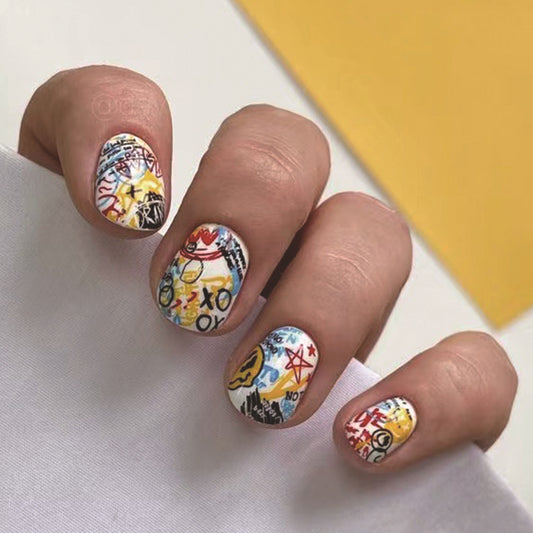 Graffiti Art Extravaganza Short Squoval Multicolor Press On Nail Set with Unique Street Style Designs