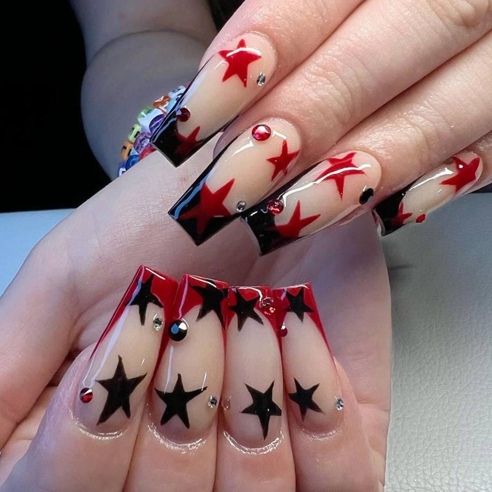 Glam Rock Star Extra Long Coffin Red and Black Press On Nail Set with Rhinestones and Star Accents