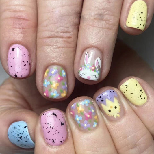 Easter Celebration Short Oval Pastel Press On Nail Set with Bunny and Floral Accents