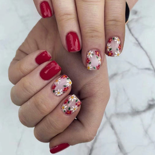 Autumn Harvest Medium Square Burgundy Press On Nails with Floral Accent Design