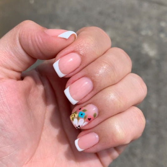 Whimsical Garden Short Square French Tip Pink Press On Nails with Floral Accent Design
