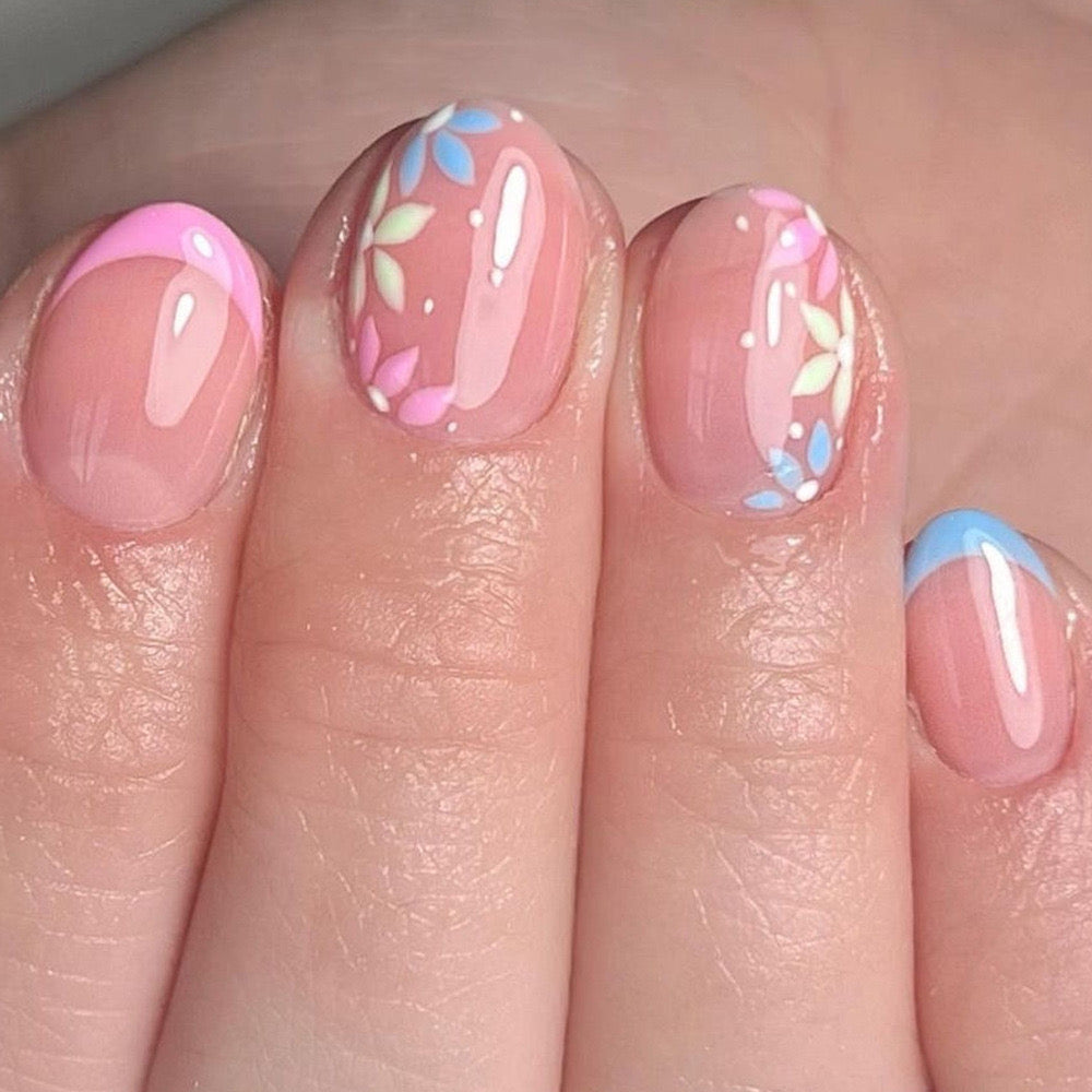 Spring Blossom Collection Short Round Pastel Pink Blue Abstract Art Press On Nail Set