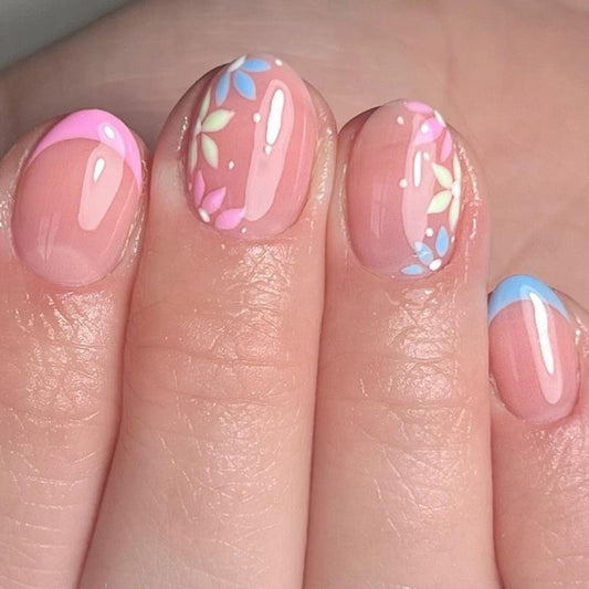 Spring Blossom Collection Short Round Pastel Pink Blue Abstract Art Press On Nail Set