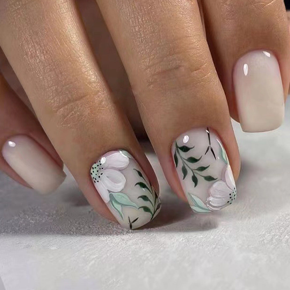 Enchanted Garden Short-Length Square-Shaped Pastel Ombre Press On Nail Set with Floral Accents