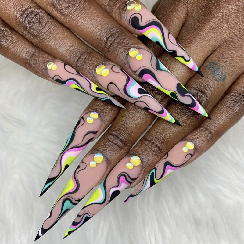 Psychedelic Swirls Extra-Long Stiletto Press-On Nail Set with Pink, Black, and Neon Multicolor Waves Featuring Rhinestone Accents
