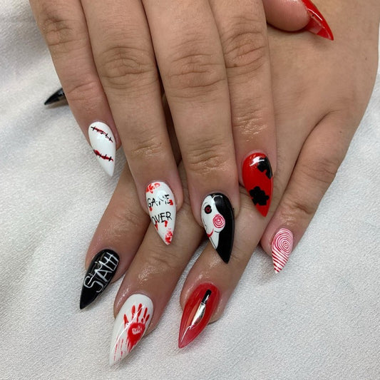 Spooky Elegance Short Almond Halloween Press On Nail Set In Black White Red With Horror Accents