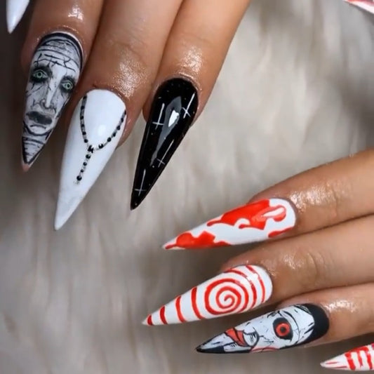 Horror Movie Themed Extra Long Stiletto Press On Nail Set In Black And White With Intricate Character Art Designs
