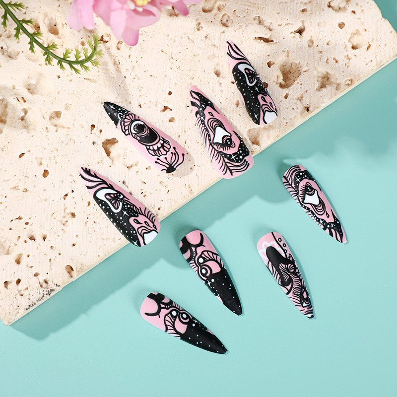 Bohemian Flair Long Almond Pink and Black Press On Nail Set with Mandala Patterns