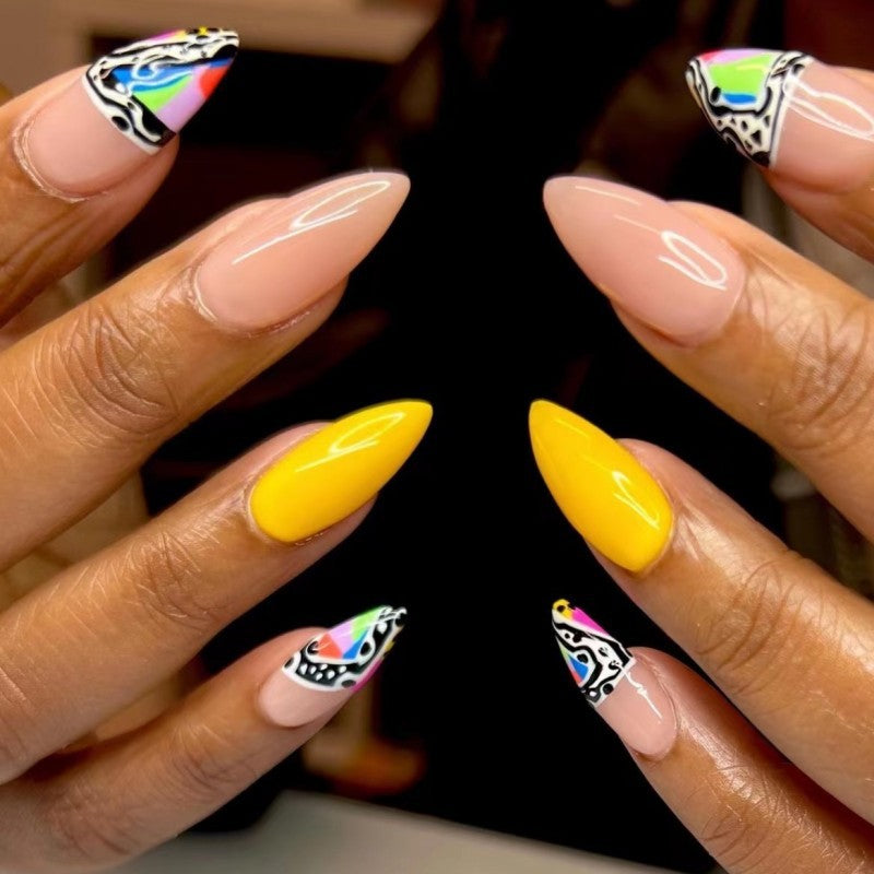 Summer Fiesta Medium Almond Multicolor Press On Nails with Accent Art Design