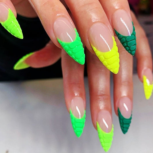 Tropical Escape Medium Almond Dual-Toned Green and Yellow Press On Nails with Mermaid Scale Texture