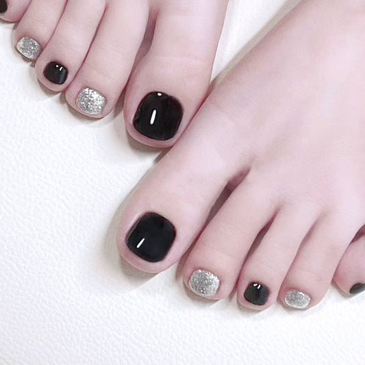 Chic Short Round Black and Glitter Press-On Toenail Set - Elegant Evening Collection