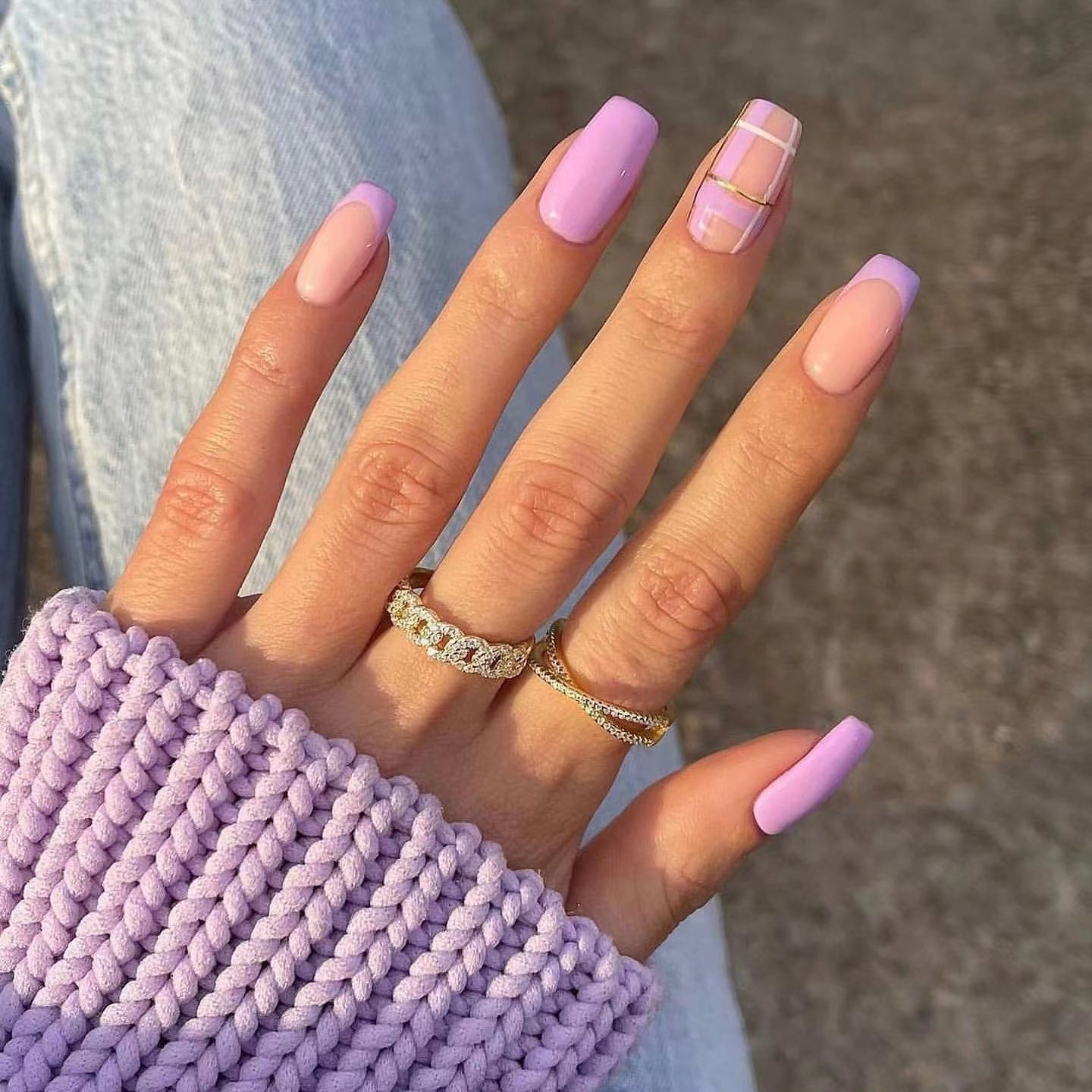 Lavender Dreams Medium Coffin Shaped Press On Nail Set in Pastel Purple with Plaid Accent Design