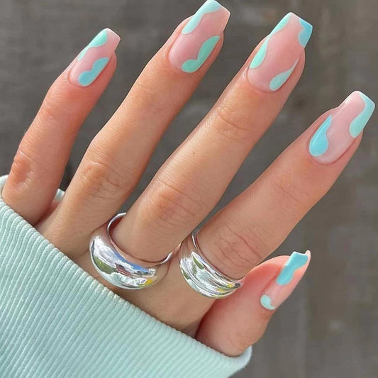 Pastel Paradise Medium Coffin Baby Pink and Blue Dual-Tone Press On Nail Set with Wavy Accent Design