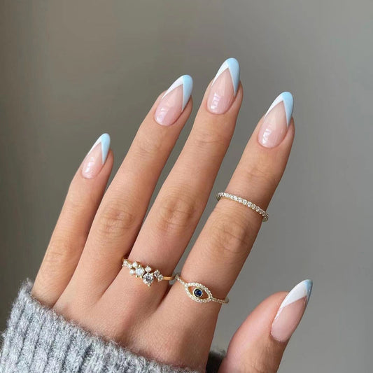 Elegant French Affair Long Almond Baby Blue and Beige Press On Nail Set with V-Shaped Accents