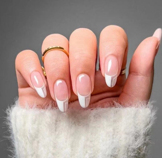 Elegant Bridal Collection Long Almond Shaped French Tip Press on Nail Set in Pink and White with Glossy Finish