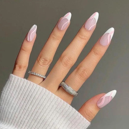 Elegant Swirl Lavender Long Almond Press On Nails with Dual Tone Design