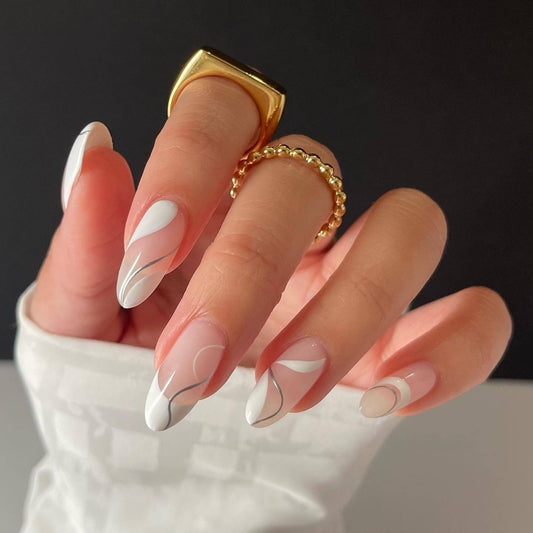 Elegant Swirl Elegance Long Oval White Press On Nails with Wave Accents
