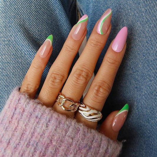 Spring Fling Long Almond Multicolor Press On Nails with Green Accent Tips and Dual-Tone Design