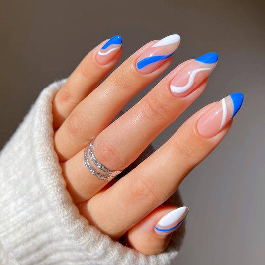 Ocean Wave Elegance Medium Almond Blue and White Swirl Design Press On Nail Set