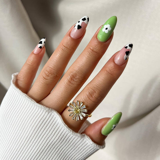 Spring Blossom Long Almond Green and White Press On Nails with Floral Accents and Cow Print Design