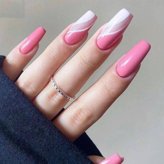 Elegant Summer Flair Long Coffin Pink Press On Nail Set with White Swirl Accents