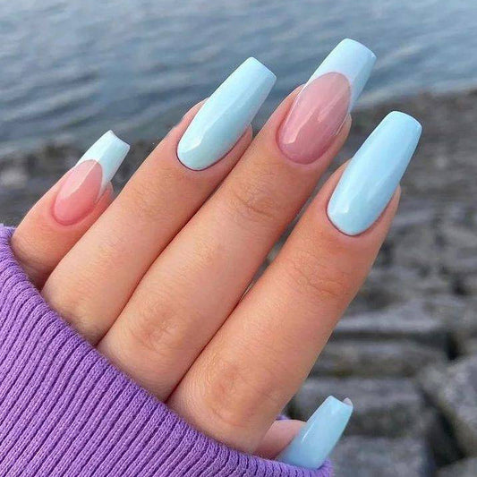 Lavender Dreams Medium Coffin Pastel Blue and Pink Ombre Press On Nail Set with French Tips