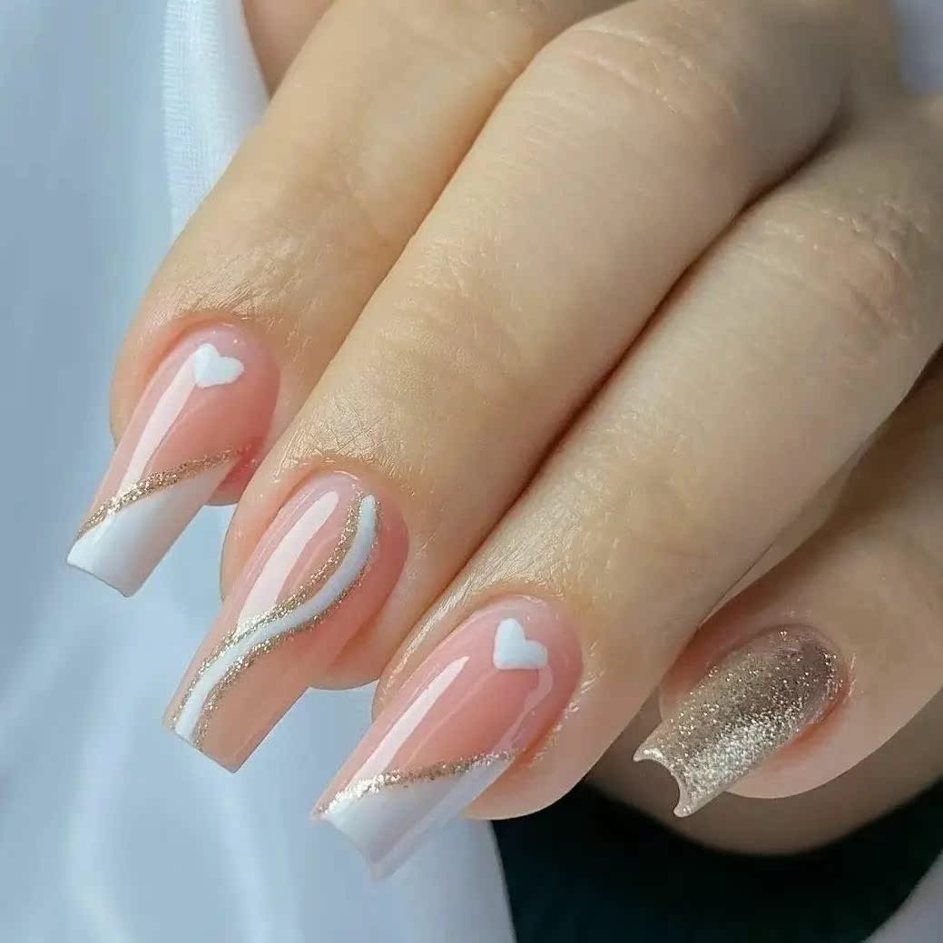 Romantic Affair Medium Coffin Pink and White Ombre Press On Nail Set with Heart Accents and Glitter Detail