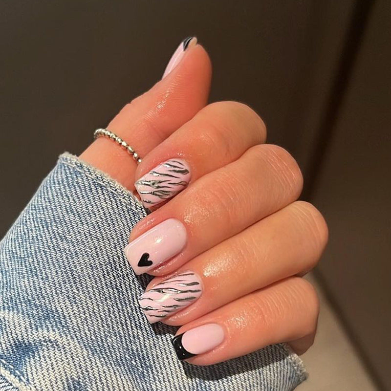 Safari Chic Short Square Pink and Black Zebra Stripe Press On Nail Set with Heart Accents